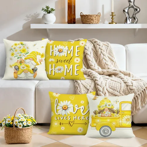 Vista 2 de Bonhause Juego de 4 fundas de cojín decorativas de 18 x 18 pulgadas con diseño de margaritas de gnomos y flores de primavera y verano, camión, Love