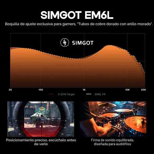 Vista 6 de Linsoul SIMGOT EM6L - Audífonos intraurales híbridos de monitor de 1DD + 4BA, auriculares para juegos, audífonos IEM HiFi con carcasa de resina