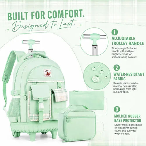 Vista 5 de Mochila con ruedas para mujer, bolsa de libros con ruedas, mochila escolar Juego de 3 piezas verde