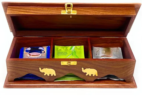 Vista 7 de Organizador de caja de té de palisandro hecho a mano con incrustaciones de latón, baúl de almacenamiento de 3 compartimentos para bolsas de té