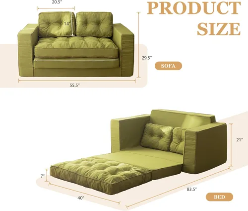 Vista 3 de YOSHOOT Sofá Cama Loveseat, Sofá Convertible de 55" Sofá Cama Sillón Futón para Sala de Estar, Sofá de Piso Extraíble 3 en 1 con Respaldo y verde