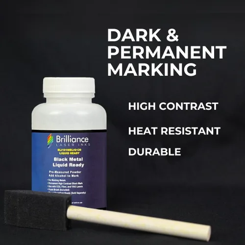 Vista 3 de Polvo de Marcado Láser Listo para Uso - Brilliance Laser Inks - BLI101MBLIQ120 - Tinta Láser Negra para Marcado en Metales con CO2/Fibra/YAG