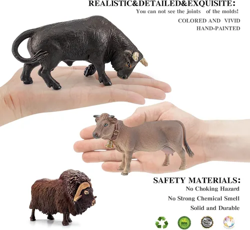 Vista 5 de LC JoyCre Figuras de vacas de juguete de toros, 4 piezas, figuras realistas de vaca suiza, juguetes para niños pequeños, toro africano, almizcle