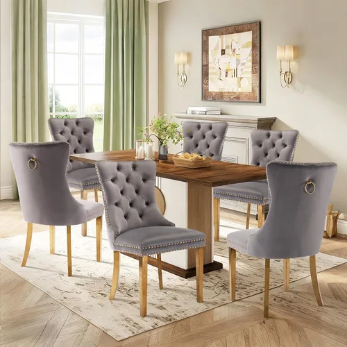 Vista 9 de Juego de 2 sillas de comedor de terciopelo con patas de madera, color beige Mid Century Modern Dining Chairs,Upholstered Chairs with Nailhead
