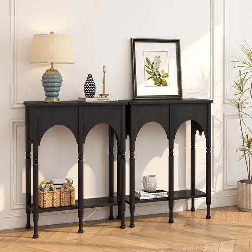 Vista 7 de Mesa consola con estante de almacenamiento, mesa de entrada pequeña y estrecha de 28 pulgadas Mesa de madera vintage con patas de estilo romano