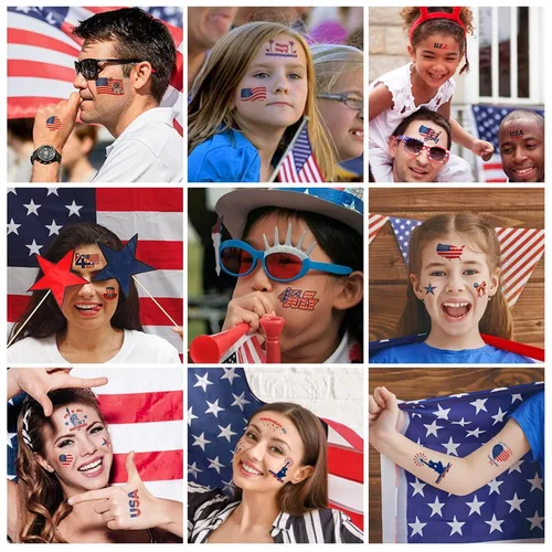 Vista 2 de Aresvns Tatuajes temporales del Día de la Independencia, tatuaje de manga de bandera de Estados Unidos del 4 de julio, suministros de fiesta rojo