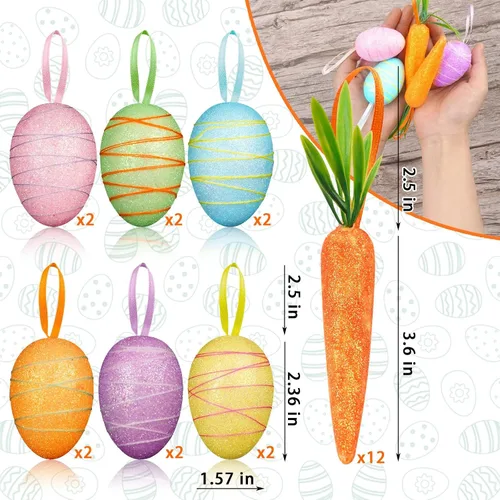 Vista 2 de YBB 24 adornos de zanahoria de huevo de Pascua, huevos colgantes de espuma brillante, zanahorias para suministros de fiesta de Pascua, decoración