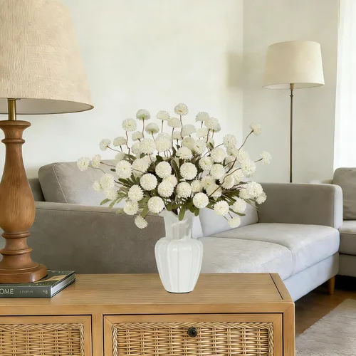 Vista 7 de 12 piezas de flores Kiku falsas, bolas artificiales de crisantemo pequeñas con tallos, mini pompones de seda sintética para jarrón, arreglos
