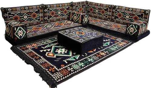 Vista 183 de arabicsofa Juego de asientos Jalsa en forma de L – Majlis árabe hecho a mano con almohadas de respaldo