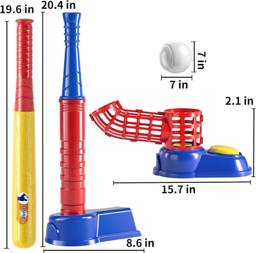 Vista 2 de TEMI Juego de pelota de béisbol 2 en 1 para niños de 3 a 8 años, juego de pelota de béisbol para niños con 10 bolas, máquina de lanzar, camiseta