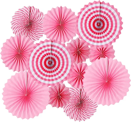 Vista 9 de LRCXL Juego de 12 abanicos de papel para colgar en fiestas, guirnaldas de papel con patrón redondo, suministros de fiesta para Año Nuevo, baby
