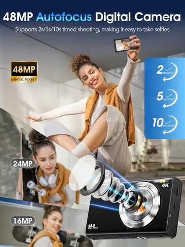 Vista 2 de Cámara digital, cámara de videoblogs 4K con enfoque automático para fotografía con tarjeta de 32 GB, cámara digital compacta portátil de 48