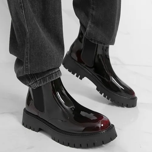 Vista 7 de Botas Chelsea con plataforma gruesa de charol para hombre, puntera redonda, suela de lengüeta, para negocios, para uso diario, al aire libre