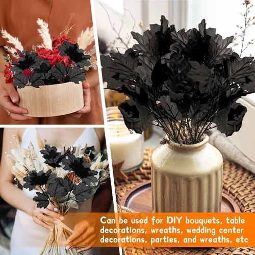 Vista 3 de Ramas de Halloween, paquete de 2 ramas de flores artificiales negras, tallo de flor de hoja de arce falsa, ramas de ramo de flores artificiales