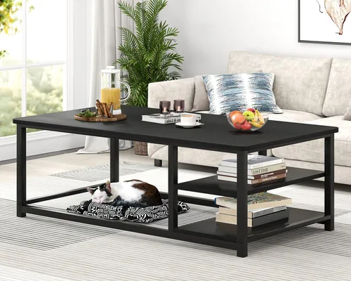 Vista 7 de EXCEFUR Mesa de centro negra, mesa de sala de estar de madera rústica con estante de almacenamiento, mesa central rectangular moderna, 47 pulgadas