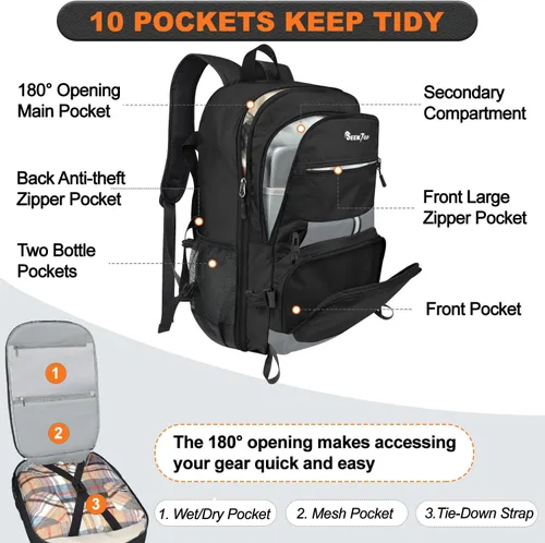Vista 2 de Seektop Mochila de viaje ligera para hombres y mujeres, múltiples bolsillos 40L, mochila de senderismo plegable, Negro, Grande