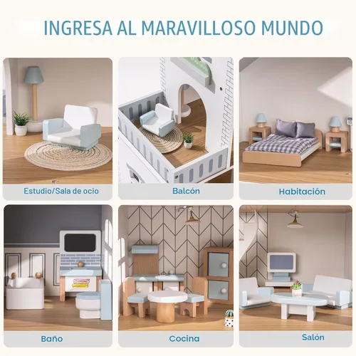 Vista 3 de ROBOTIME Casa de muñecas de madera, casa de muñecas de madera con 29 muebles, 6 habitaciones para muñecas de 4 a 6 pulgadas, regalo para niños a