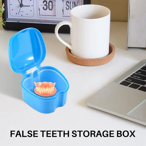 Vista 5 de Estuche azul para dentadura postiza, taza de dentadura con colador, caja de baño de dentadura postiza, caja de almacenamiento de dientes falsos