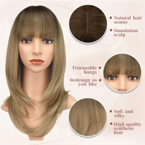 Vista 4 de BARSDAR Pelucas rectas en capas con flequillo para mujer, 20 pulgadas, esponjosas, de aspecto natural, rubio degradado, mezcla de marrón