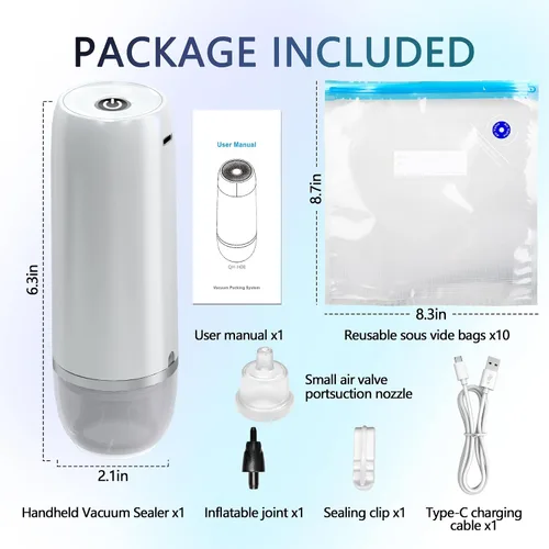 Vista 2 de Sellador al vacío de mano para alimentos, juego de máquina selladora al vacío inalámbrica portátil con 10 bolsas Sous Vide para almacenamiento