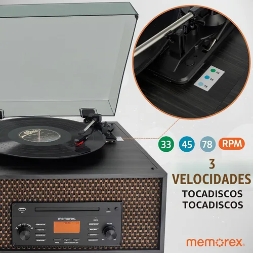 Vista 7 de Memorex MX-TT700 Centro de música de madera nostálgico 7 en 1 CD/MP3, USB, Bluetooth Tocadiscos, AM/FM, entrada AUX Grabar a USB, pantalla