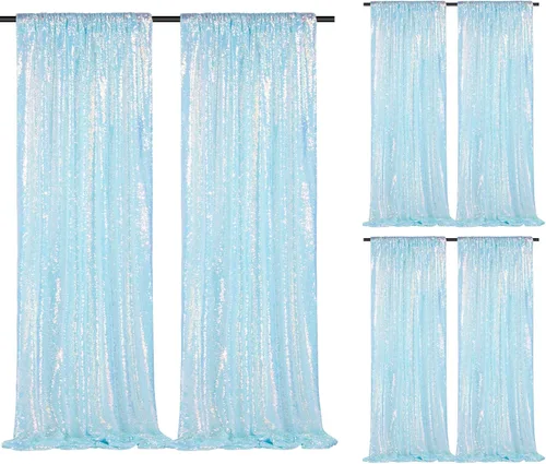 Vista 57 de Cortinas de fondo de lentejuelas con purpurina azul bebé, 2 piezas de 2 x 8 pies, telón de fondo de fiesta de baby shower para niños, hermosas