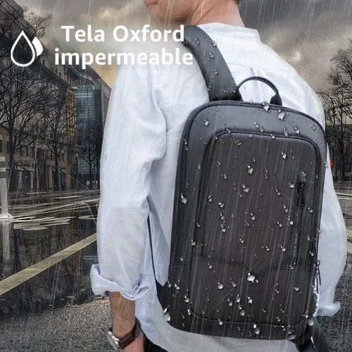 Vista 5 de Mochila hk para Hombre de Negocios, Mochila Delgada con Cargador USB, Mochila para Computadora, Ligera, Antirrobo, para Viaje, Negro, 15,6 pulg.