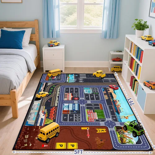 Vista 5 de Car Road - Alfombra de juegos para niños, 5 x 7 pies, alfombra de coche para niños y niños, educativa de tráfico urbano, alfombra de juego lavable