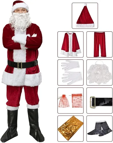 Vista 2 de KLLOUZE Christmas Santa Claus Suit, Adult Men's Santa Costume, Xmas Classic Flannel Cosplay Clothes, Santa Fancy Suits Outfit