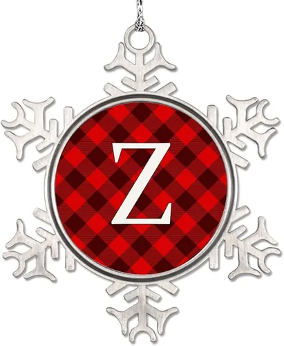 Vista 32 de Adorno de copo de nieve de letra A con inicial de copo de nieve, adorno de monograma a cuadros rojos para decoración de árbol de Navidad, adornos