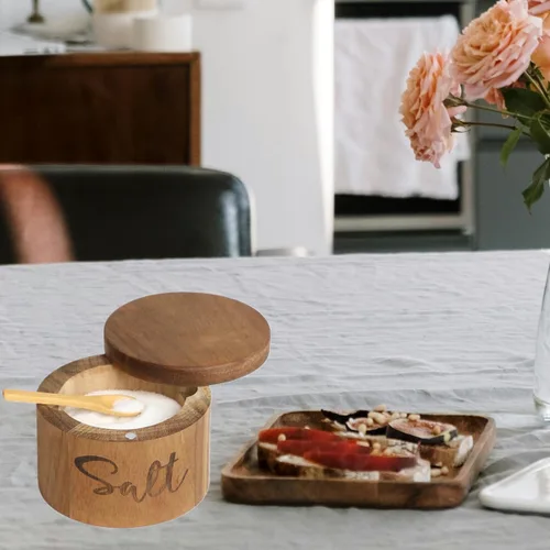Vista 6 de Cajas de especias de madera de acacia con cubierta giratoria para encimera de cocina, conservador de sal con cuchara integrada, moderno decorador