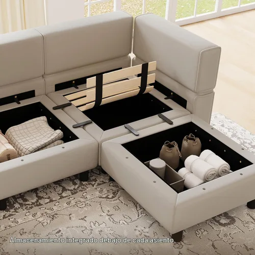 Vista 4 de Belffin - Sofá modular seccional con chaise reversible de terciopelo en forma de L, con almacenamiento de 4 plazas, sofá convertible gris..