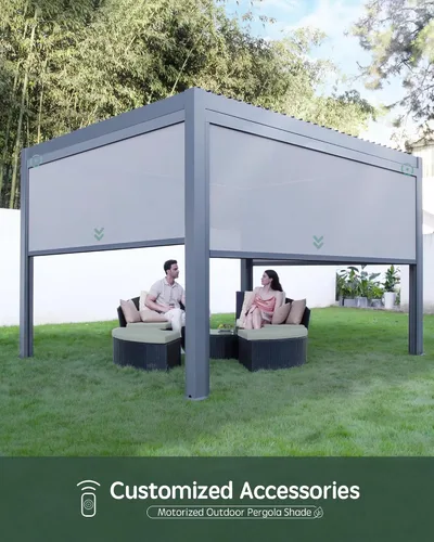 Vista 8 de Yoolax - Pérgola con listones motorizada solar de 10x13 pies con control remoto, pérgola eléctrica de aluminio retráctil con luz LED, sensor