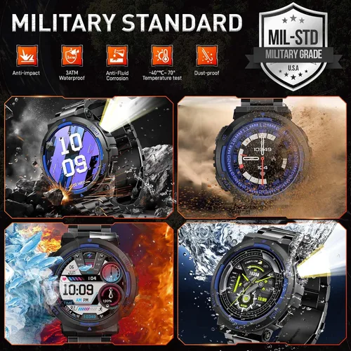 Vista 2 de Relojes inteligentes militares para hombre (respuesta/hacer llamadas) con linterna LED 3ATM resistente al agua reloj inteligente con más de 100