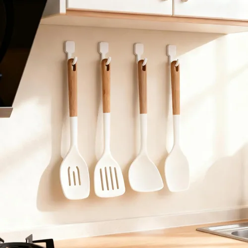 Vista 7 de Juego de 4 utensilios de cocina de silicona, juego de utensilios de cocina grandes antiadherentes con mango de madera, grado alimenticio, resistente