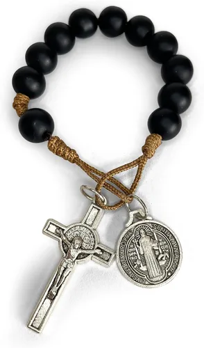 Vista 4 de Rosario de bolsillo de oración católica Medalla de San Benito Cuentas Negras San Benito Tenner Estilo Abierto Rosario de una década, Zinc, No es una