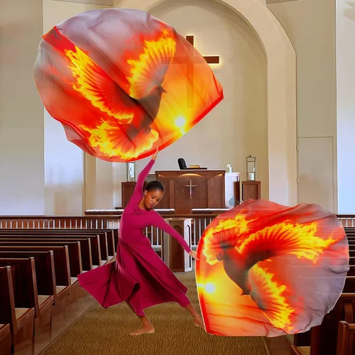 Vista 6 de Baisdan Banderas de adoración de 54 x 54 pulgadas para iglesia de baile, bandera de alabanza, banderas de paloma y fuego con varillas flexibles