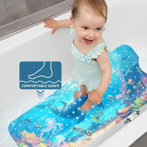 Vista 6 de LNOND Alfombra de baño para niños, tapete antideslizante de ballenas azules, con orificios de drenaje y ventosas, lavable a máquina