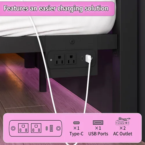 Vista 5 de CLIBFENG Base de cama de tamaño matrimonial con cabecero y estribo, soporte de listones de acero, marco de cama LED con estación de carga, base