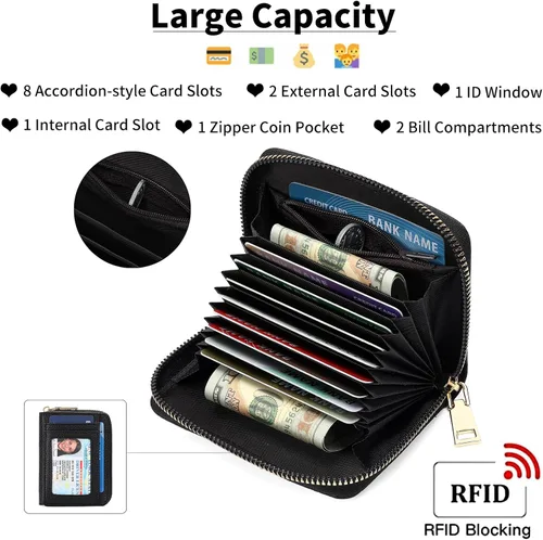 Vista 5 de GAEKEAO Cartera de piel con bloqueo RFID para mujer, pequeño, compacto, con cremallera, tarjetero con ventana de identificación y bolsillo