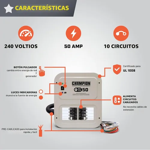 Vista 2 de Champion Power Equipment Interruptor de transferencia manual de 50 amperios para interiores con cable de alimentación de generador de 30 pies y caja
