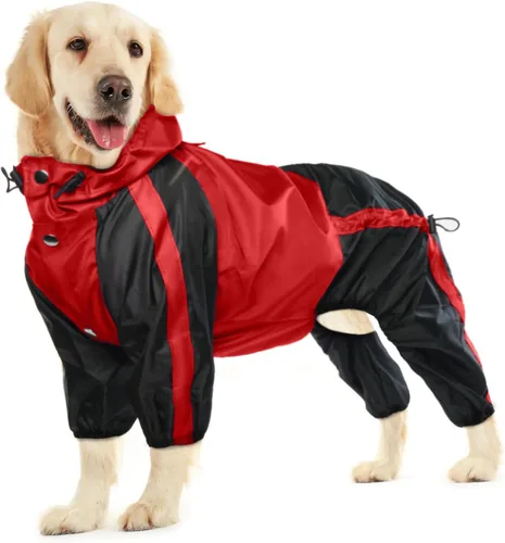 Vista 9 de Chubasquero para perros, chaqueta ligera de lluvia, poncho ajustable de 4 patas para mascotas con capucha, chaleco impermeable a la nieve, ropa
