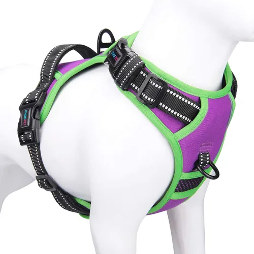 Vista 23 de Arnés para perro sin tirones, chaleco para perro reflectante ajustable de colores únicos, con asa de entrenamiento suave y clips de metal