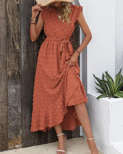Vista 2 de BTFBM Vestido de verano cruzado con cuello en V para mujer, manga con volantes, lunares suizos, bohemio, con volantes, abertura en la playa, fiesta
