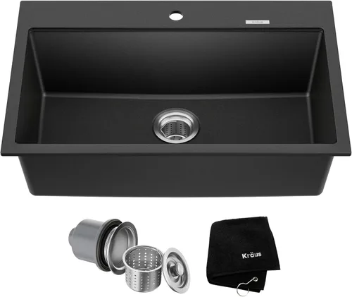 Vista 5 de KRAUS Quarza - Fregadero de cocina de granito de instalación empotrada/sobre encimera de un solo seno de 24 pulgadas, color negro ónix, KGD-410B