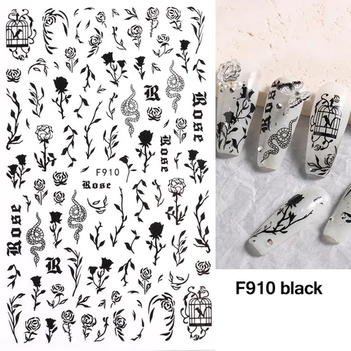Vista 7 de Calcomanías de uñas autoadhesivas 3D de rosa negra, diseño holográfico de serpiente, sol, estrellas, decoración para mujeres, consejos de manicura