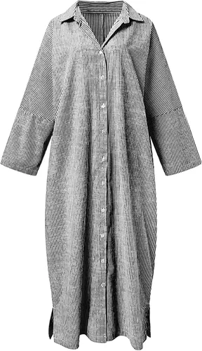 Vista 2 de Utcoco Vestido de manga larga a rayas para mujer, casual, suelto, con botones, de algodón, maxi, tipo camisa Negro