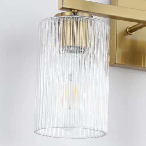 Vista 5 de Lámpara de tocador de baño dorada cepillada de 3 luces, iluminación moderna con pantalla de vidrio texturizado, accesorios de iluminación de baño
