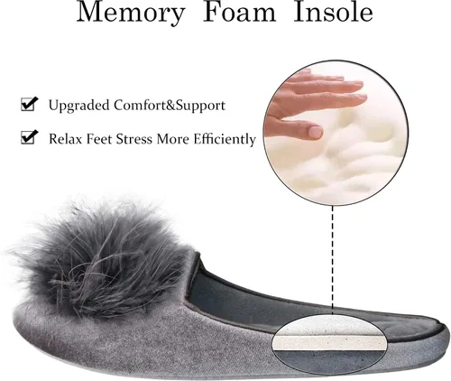 Vista 4 de GRITHEIM Pantuflas de casa de terciopelo con pompones mullidos para mujer, de espuma viscoelástica, cómodas, de punto de felpilla, para dormitorio