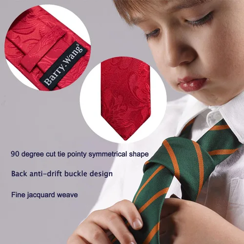 Vista 306 de Barry.Wang Corbata de niño regular seda tejida rayas sólido lazo bolsillo cuadrado